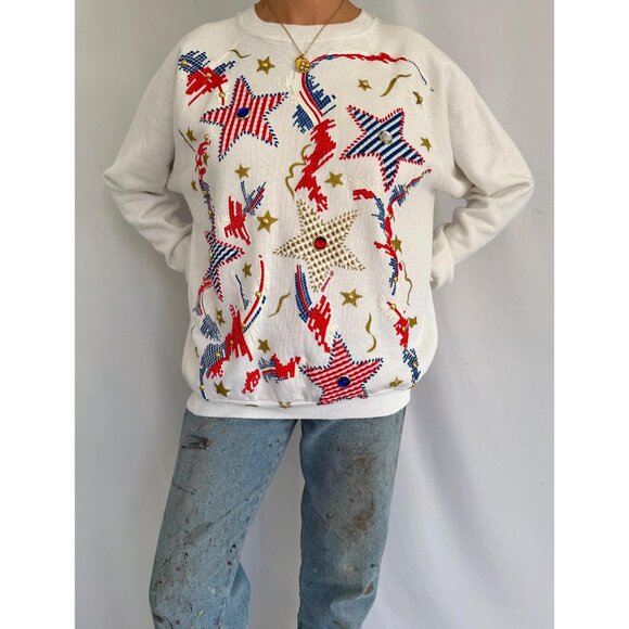 80s vintage embellished abstract star print USA retro graphic pullover sweater - Picture 2 of 7